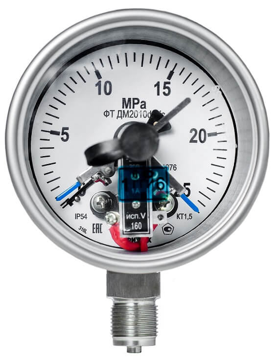 Вакуумметры, мановакуумметры, манометры электроконтактные коррозионностойкие ДВ2010ф Кс, ДА2010ф Кс, ДМ2010ф Кс (Диаметр: 100 мм)