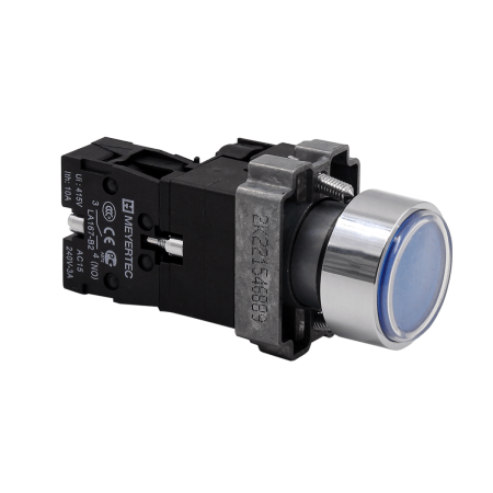 Кнопка плоская синяя с подсветкой, 220V AC/DC, 1NO, IP67, металл