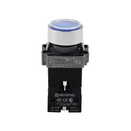 Кнопка плоская синяя с подсветкой, 220V AC/DC, 1NO, IP67, металл